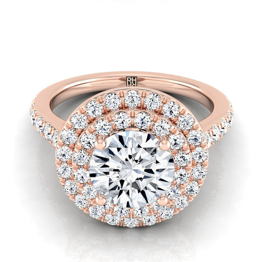 14K Rose Gold Round Brilliant Double Pave Halo with Linear Diamond Engagement Ring -3/4ctw