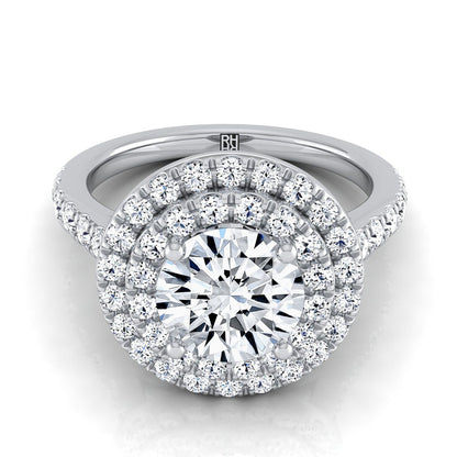 Platinum Round Brilliant Double Pave Halo with Linear Diamond Engagement Ring -3/4ctw