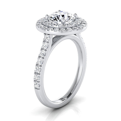 Platinum Round Brilliant Double Pave Halo with Linear Diamond Engagement Ring -3/4ctw