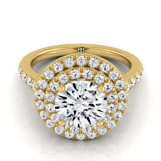 18K Yellow Gold Round Brilliant Double Pave Halo with Linear Diamond Engagement Ring -3/4ctw