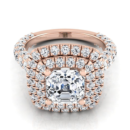 14K Rose Gold Asscher Cut Diamond Bold and Fancy Double Halo French Pave Engagement Ring -2ctw