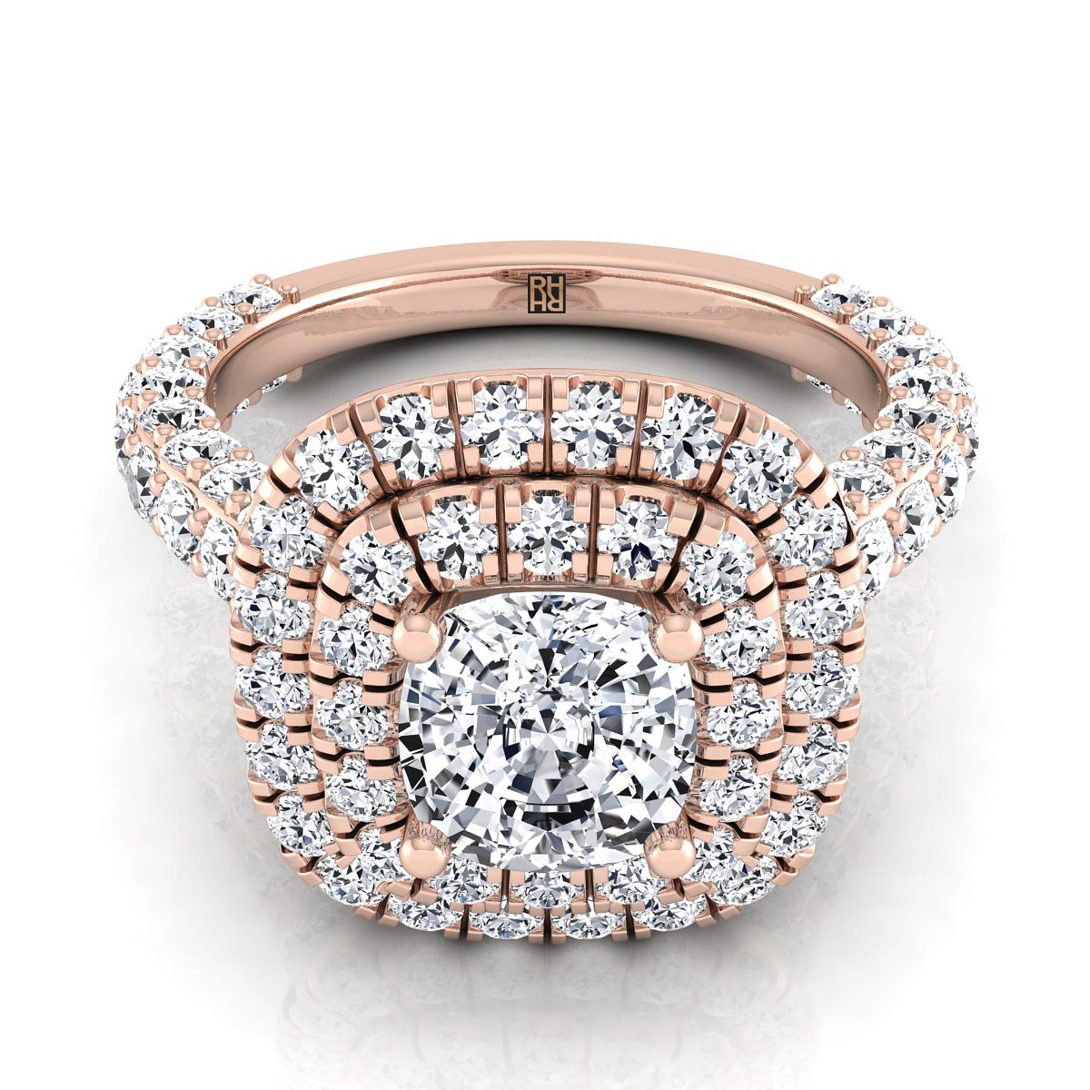 14K Rose Gold Cushion Diamond Bold and Fancy Double Halo French Pave Engagement Ring -2ctw