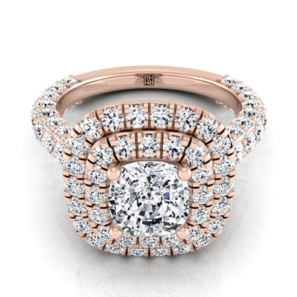 14K Rose Gold Cushion Diamond Bold and Fancy Double Halo French Pave Engagement Ring -2ctw