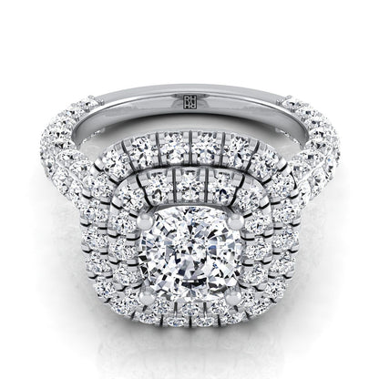 18K White Gold Cushion Diamond Bold and Fancy Double Halo French Pave Engagement Ring -2ctw
