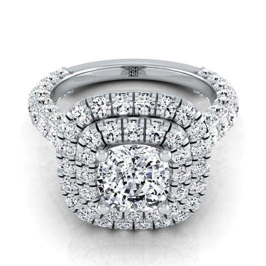 18K White Gold Cushion Diamond Bold and Fancy Double Halo French Pave Engagement Ring -2ctw