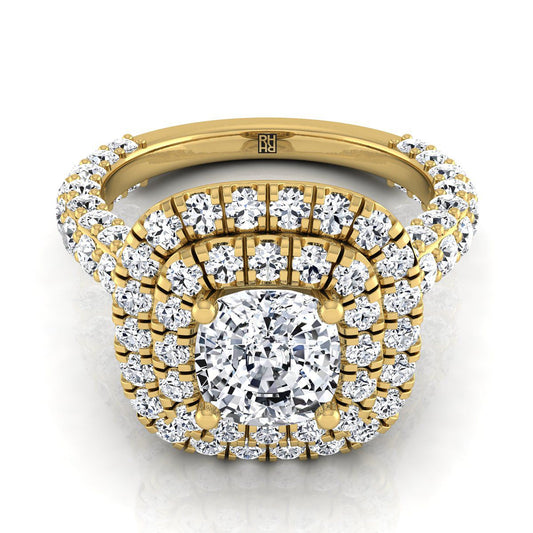 14K Yellow Gold Cushion Diamond Bold and Fancy Double Halo French Pave Engagement Ring -2ctw
