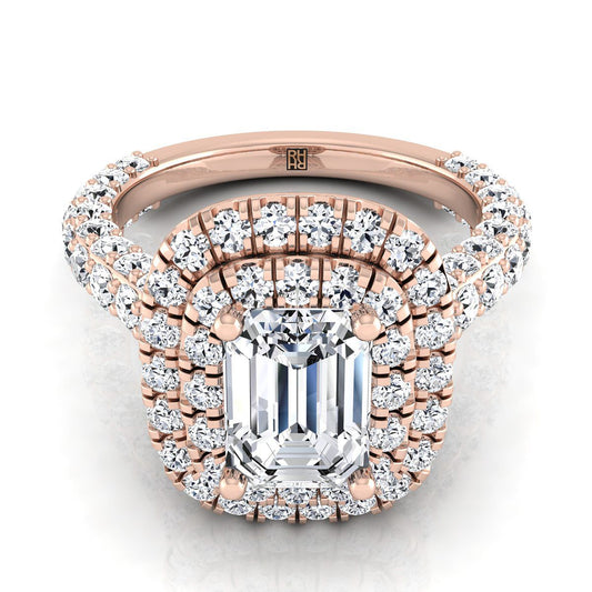 14K Rose Gold Emerald Cut Diamond Bold and Fancy Double Halo French Pave Engagement Ring -2ctw