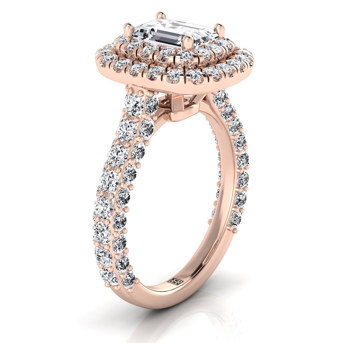 14K Rose Gold Emerald Cut Diamond Bold and Fancy Double Halo French Pave Engagement Ring -2ctw
