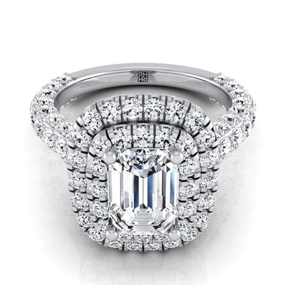 18K White Gold Emerald Cut Diamond Bold and Fancy Double Halo French Pave Engagement Ring -2ctw