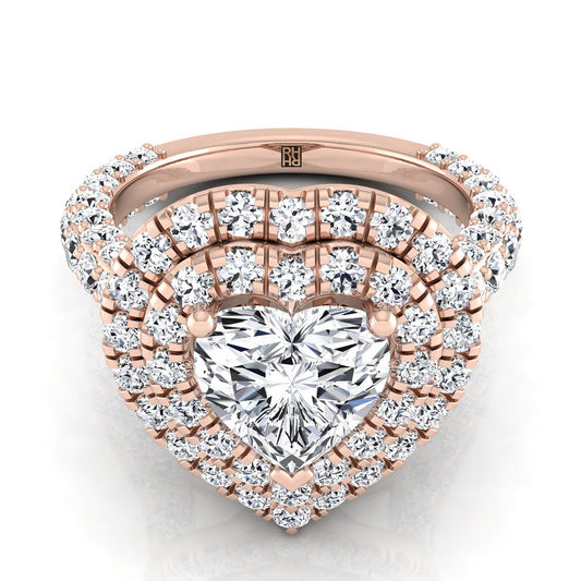 14K Rose Gold Heart Shape Center Diamond Bold and Fancy Double Halo French Pave Engagement Ring -2ctw