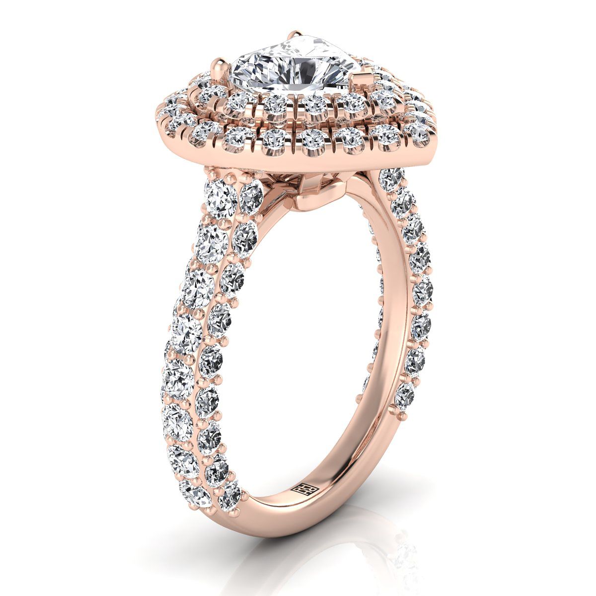 14K Rose Gold Heart Shape Center Diamond Bold and Fancy Double Halo French Pave Engagement Ring -2ctw