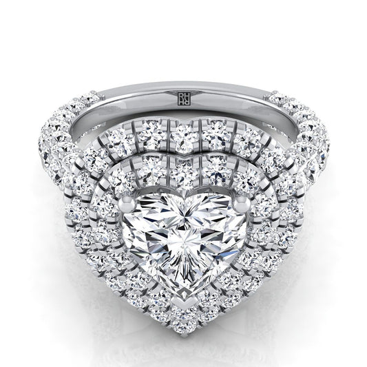 Platinum Heart Shape Center Diamond Bold and Fancy Double Halo French Pave Engagement Ring -2ctw