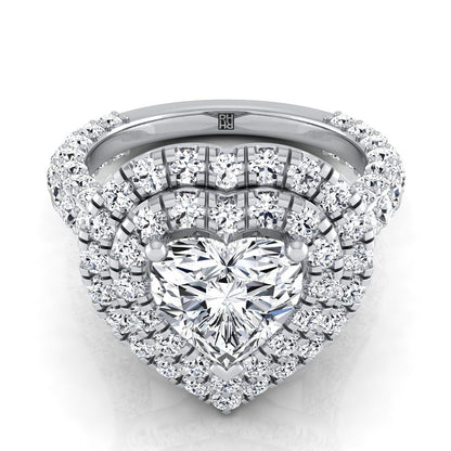 18K White Gold Heart Shape Center Diamond Bold and Fancy Double Halo French Pave Engagement Ring -2ctw