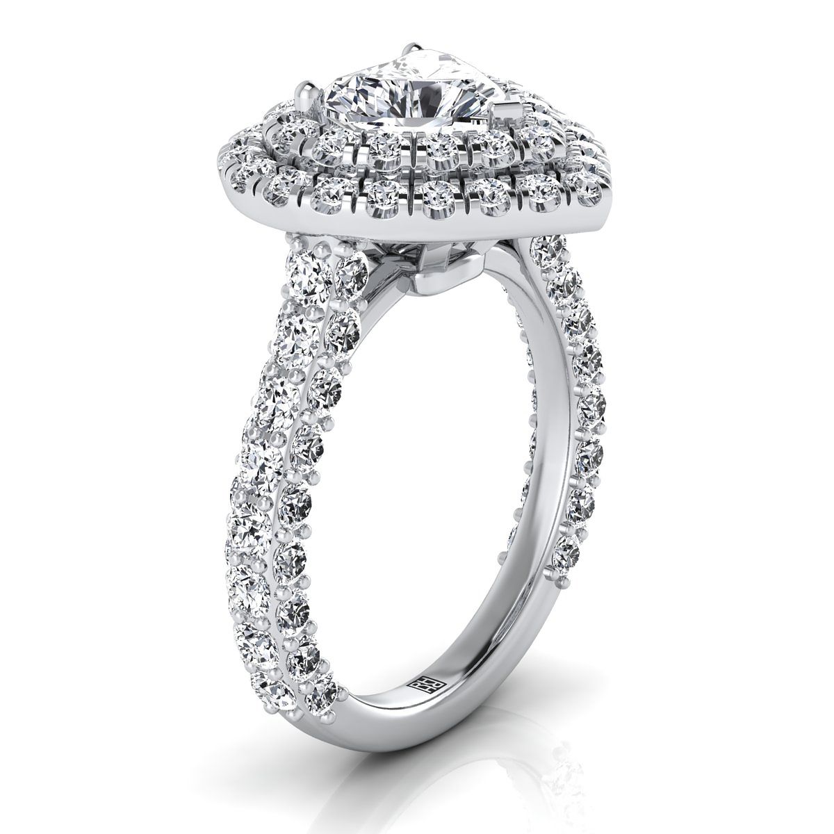Platinum Heart Shape Center Diamond Bold and Fancy Double Halo French Pave Engagement Ring -2ctw