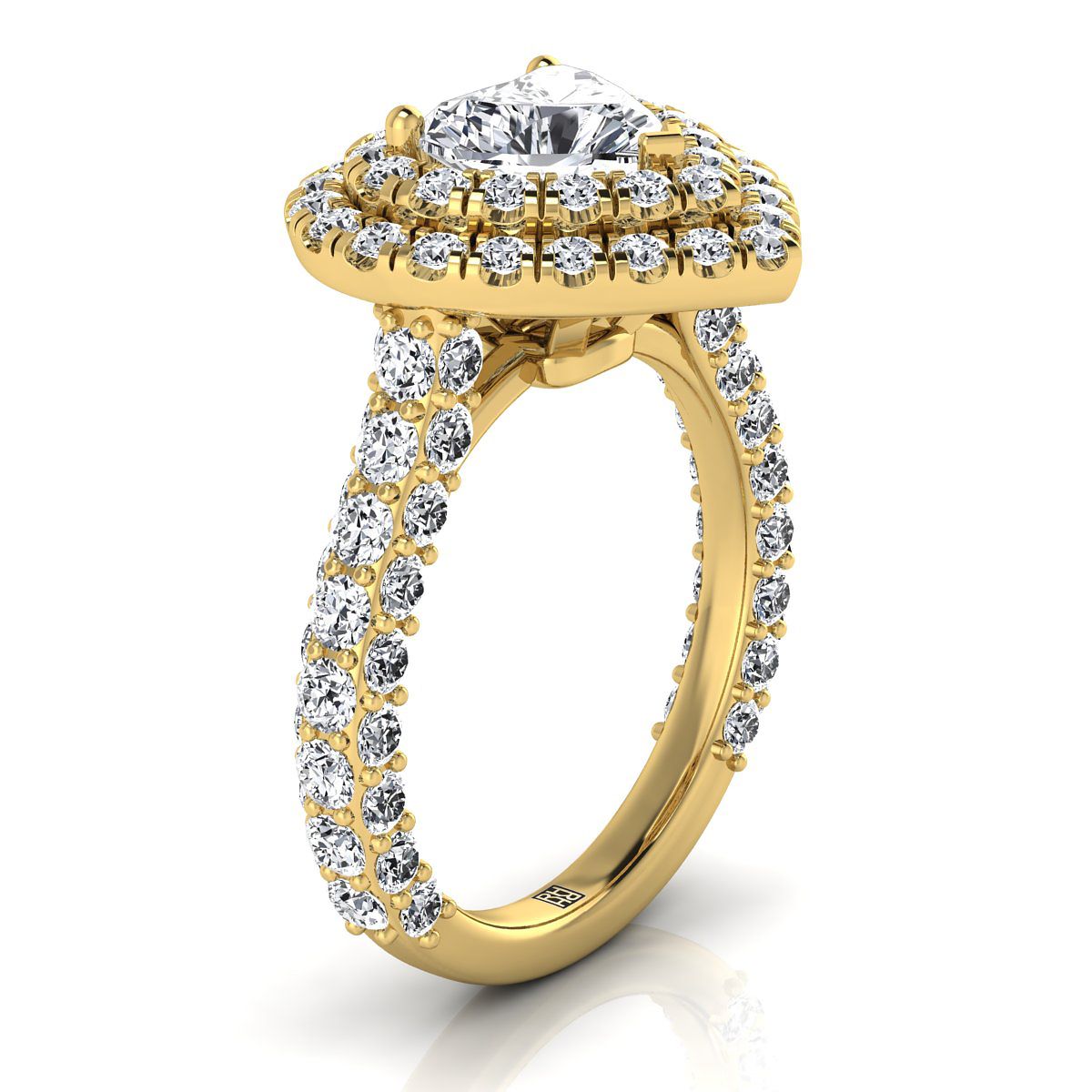 18K Yellow Gold Heart Shape Center Diamond Bold and Fancy Double Halo French Pave Engagement Ring -2ctw