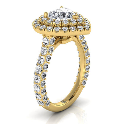 18K Yellow Gold Heart Shape Center Diamond Bold and Fancy Double Halo French Pave Engagement Ring -2ctw
