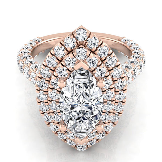 14K Rose Gold Marquise  Diamond Bold and Fancy Double Halo French Pave Engagement Ring -2ctw