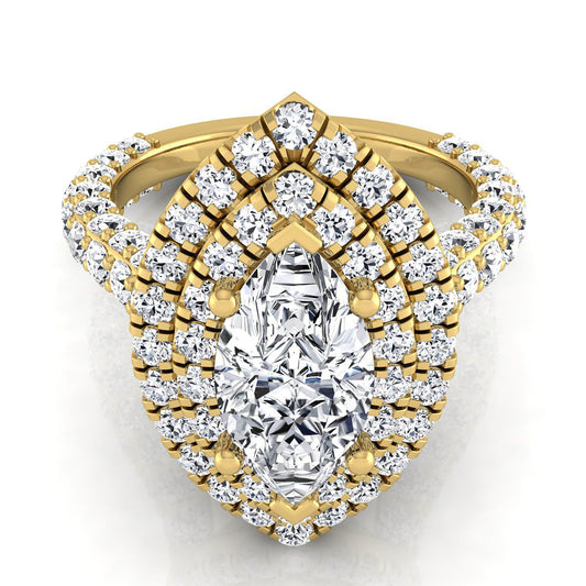 14K Yellow Gold Marquise  Diamond Bold and Fancy Double Halo French Pave Engagement Ring -2ctw