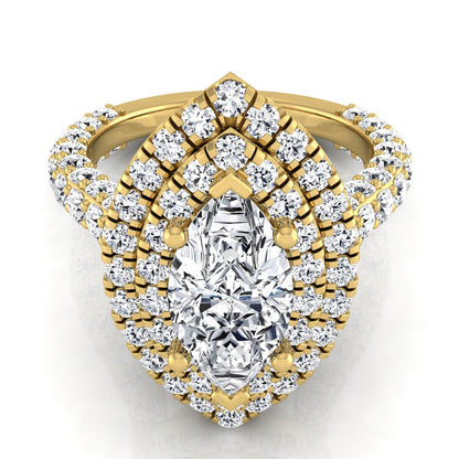 18K Yellow Gold Marquise  Diamond Bold and Fancy Double Halo French Pave Engagement Ring -2ctw