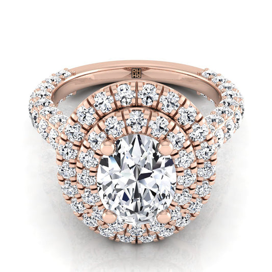 14K Rose Gold Oval Diamond Bold and Fancy Double Halo French Pave Engagement Ring -2ctw
