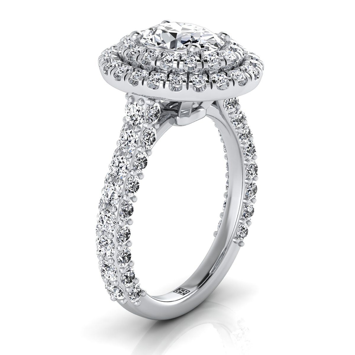 18K White Gold Oval Diamond Bold and Fancy Double Halo French Pave Engagement Ring -2ctw
