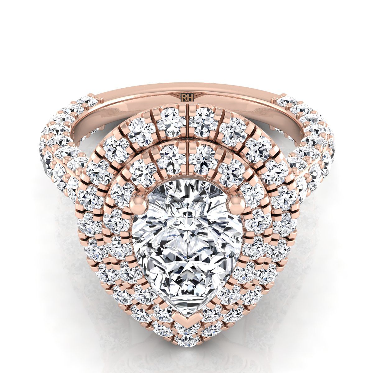 14K Rose Gold Pear Shape Center Diamond Bold and Fancy Double Halo French Pave Engagement Ring -2ctw