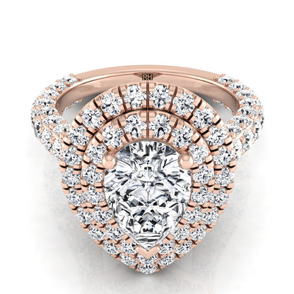 14K Rose Gold Pear Shape Center Diamond Bold and Fancy Double Halo French Pave Engagement Ring -2ctw