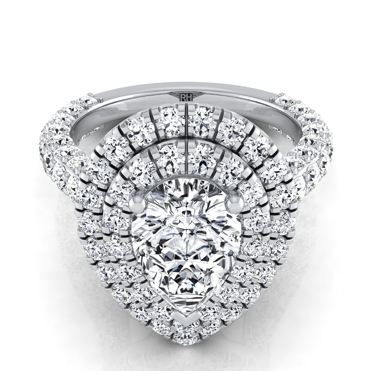 18K White Gold Pear Shape Center Diamond Bold and Fancy Double Halo French Pave Engagement Ring -2ctw