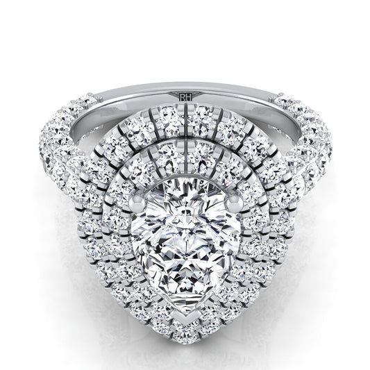 14K White Gold Pear Shape Center Diamond Bold and Fancy Double Halo French Pave Engagement Ring -2ctw