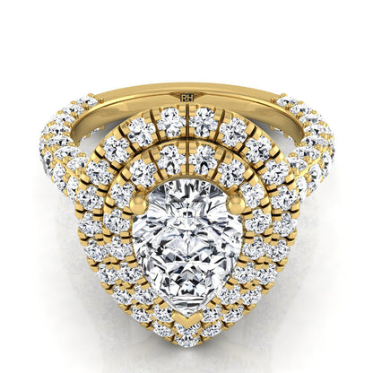 14K Yellow Gold Pear Shape Center Diamond Bold and Fancy Double Halo French Pave Engagement Ring -2ctw