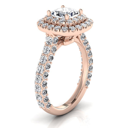 14K Rose Gold Princess Cut Diamond Bold and Fancy Double Halo French Pave Engagement Ring -2ctw
