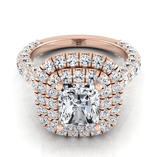 14K Rose Gold Radiant Cut Center Diamond Bold and Fancy Double Halo French Pave Engagement Ring -2ctw