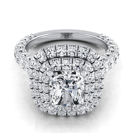 14K White Gold Radiant Cut Center Diamond Bold and Fancy Double Halo French Pave Engagement Ring -2ctw