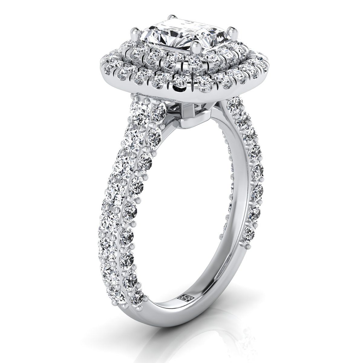 Platinum Radiant Cut Center Diamond Bold and Fancy Double Halo French Pave Engagement Ring -2ctw