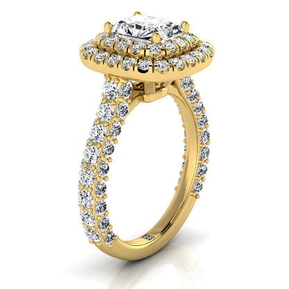 14K Yellow Gold Radiant Cut Center Diamond Bold and Fancy Double Halo French Pave Engagement Ring -2ctw
