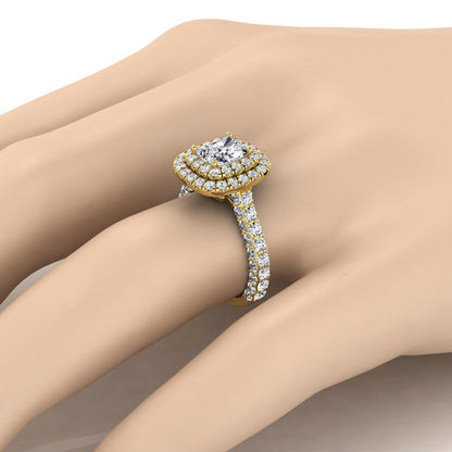 14K Yellow Gold Radiant Cut Center Diamond Bold and Fancy Double Halo French Pave Engagement Ring -2ctw