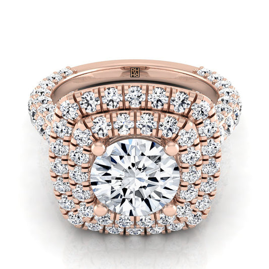 14K Rose Gold Round Brilliant Diamond Bold and Fancy Double Halo French Pave Engagement Ring -2ctw