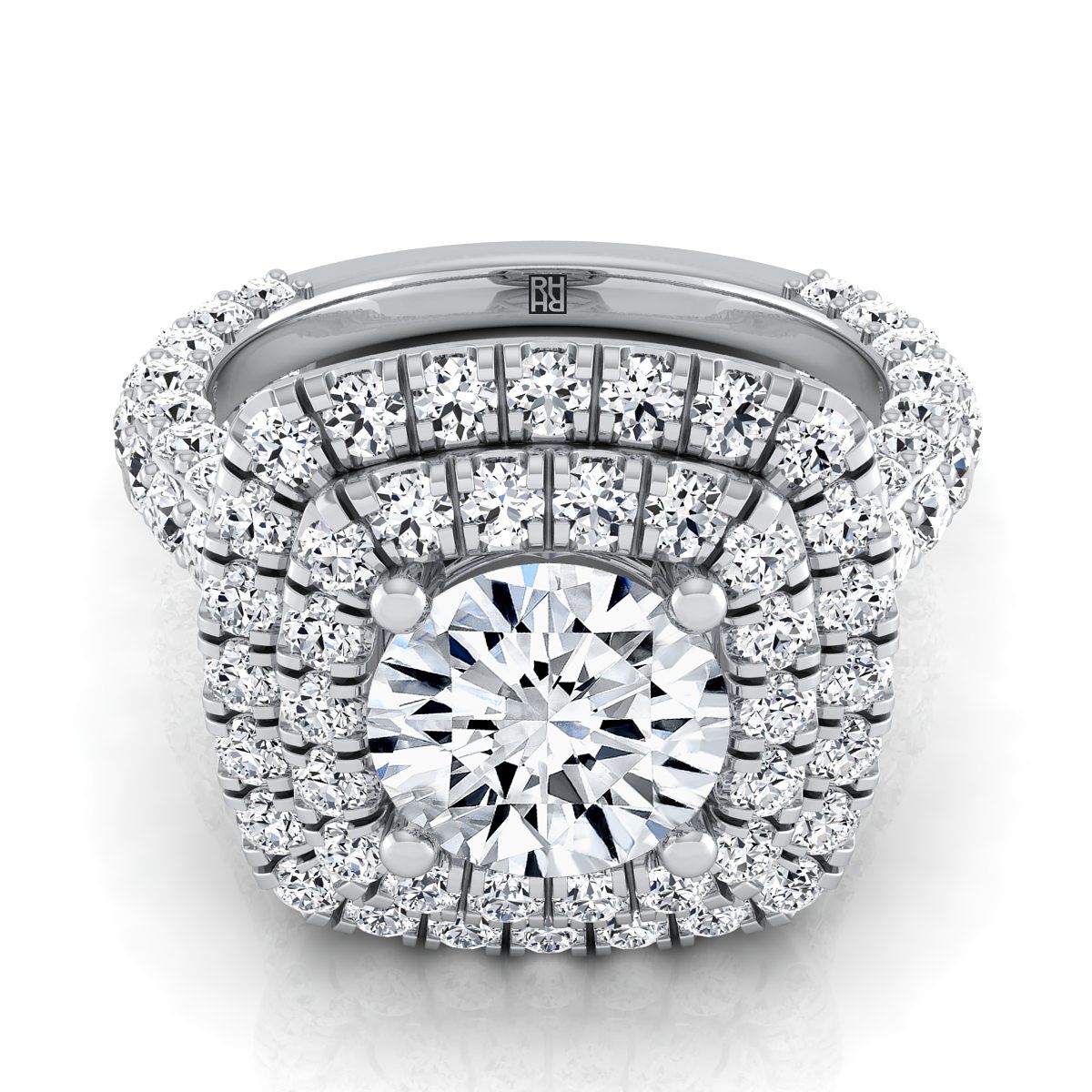 Platinum Round Brilliant Diamond Bold and Fancy Double Halo French Pave Engagement Ring -2ctw