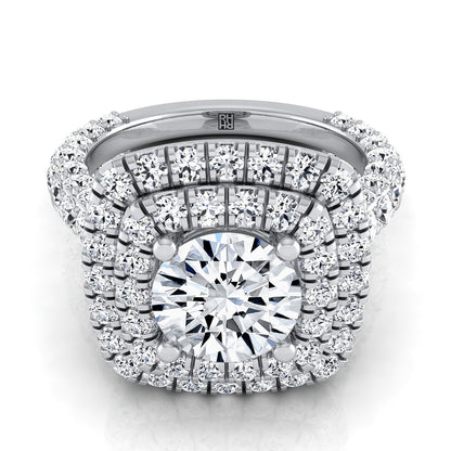 18K White Gold Round Brilliant Diamond Bold and Fancy Double Halo French Pave Engagement Ring -2ctw