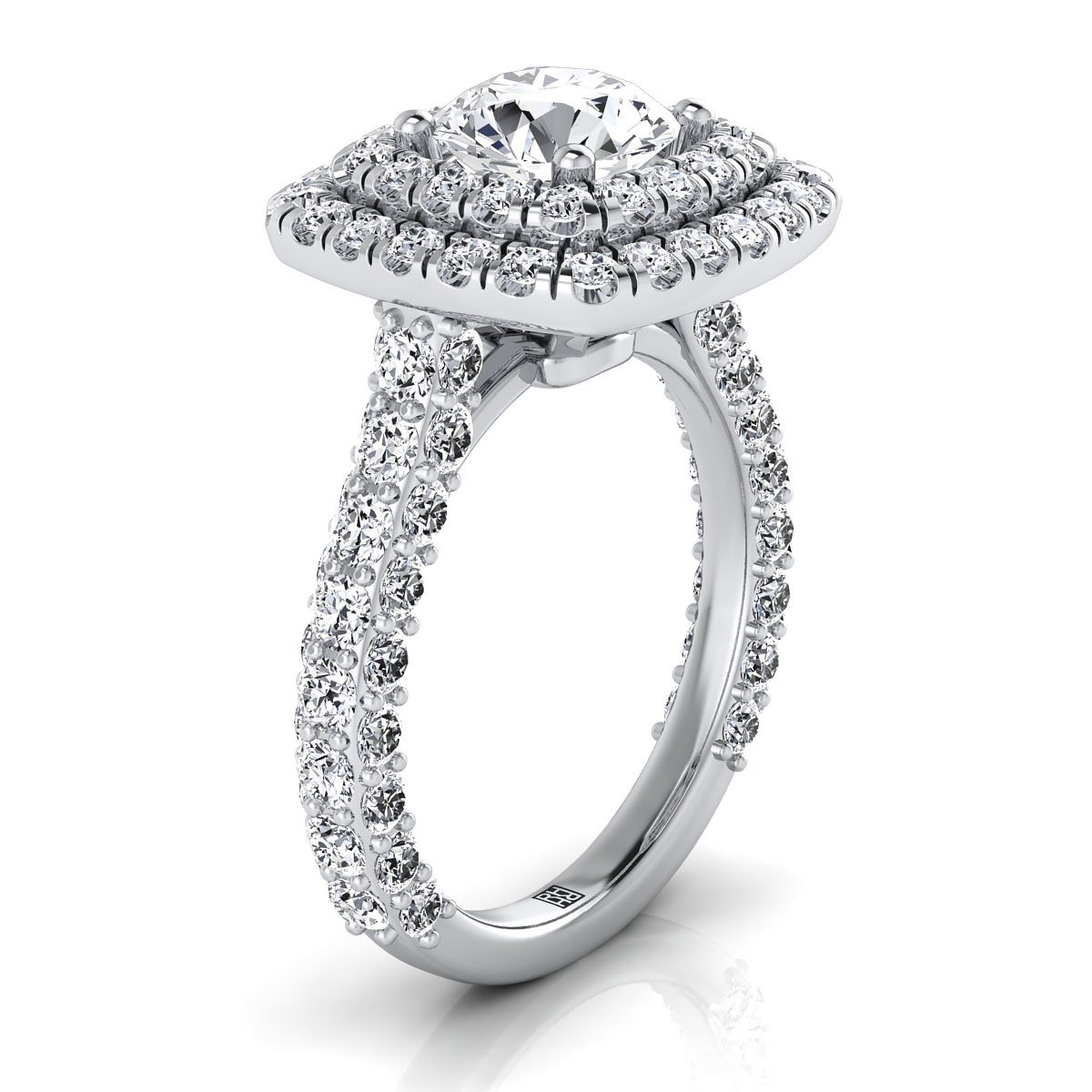 18K White Gold Round Brilliant Diamond Bold and Fancy Double Halo French Pave Engagement Ring -2ctw