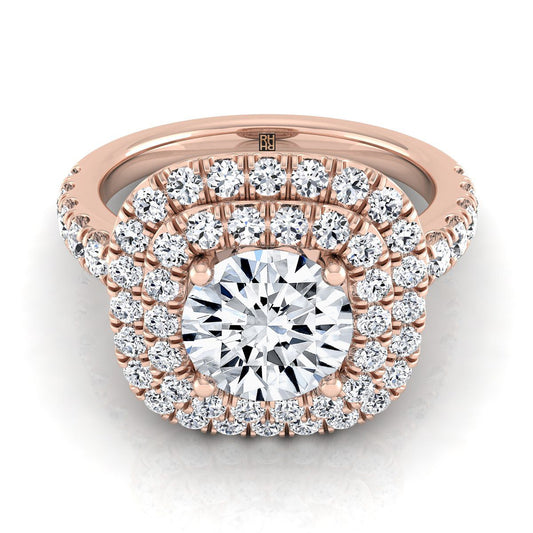 14K Rose Gold Round Brilliant Diamond Double Halo French Pave Engagement Ring -1.00ctw