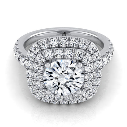 Platinum Round Brilliant Diamond Double Halo French Pave Engagement Ring -1.00ctw
