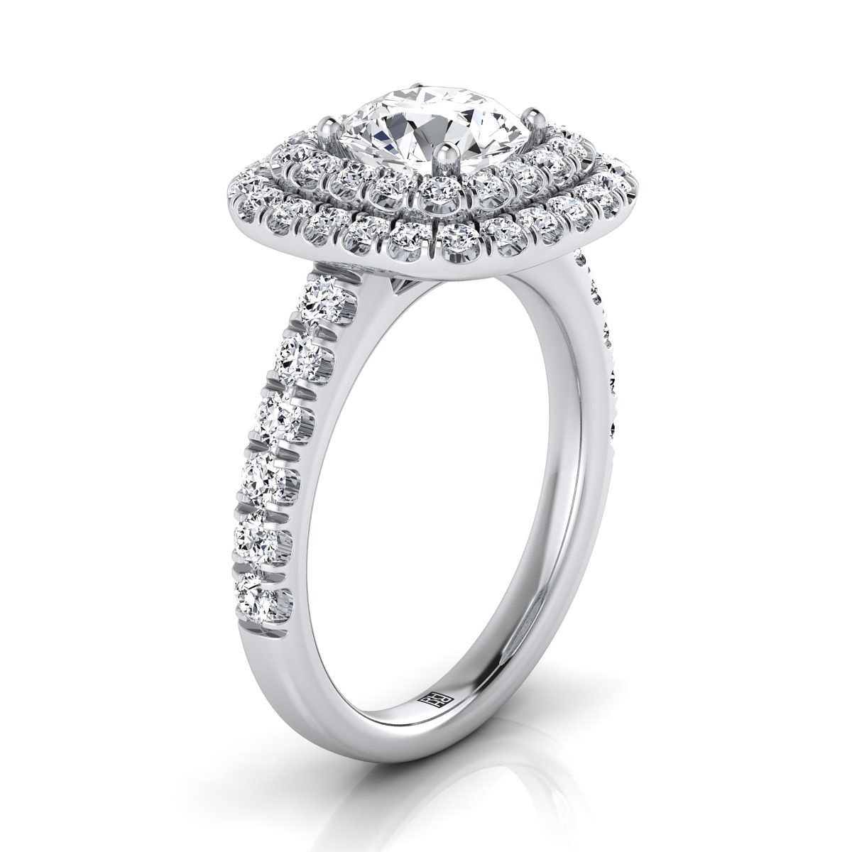 14K White Gold Round Brilliant Diamond Double Halo French Pave Engagement Ring -1.00ctw