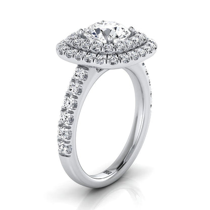 18K White Gold Round Brilliant Diamond Double Halo French Pave Engagement Ring -1.00ctw