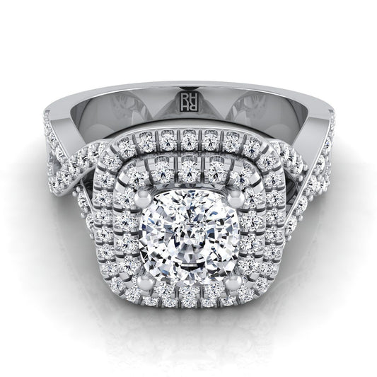14K White Gold Cushion Diamond Twist French Pave Double Halo Diamond Engagement Ring -5/8ctw