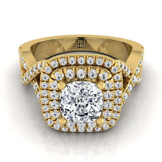 14K Yellow Gold Cushion Diamond Twist French Pave Double Halo Diamond Engagement Ring -5/8ctw