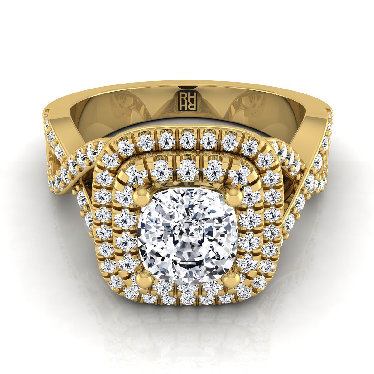 18K Yellow Gold Cushion Diamond Twist French Pave Double Halo Diamond Engagement Ring -5/8ctw