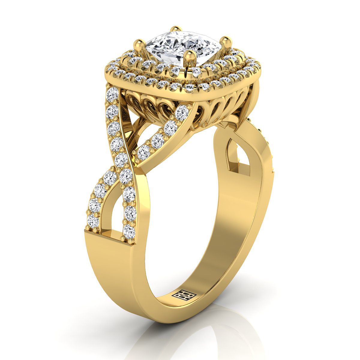 18K Yellow Gold Cushion Diamond Twist French Pave Double Halo Diamond Engagement Ring -5/8ctw