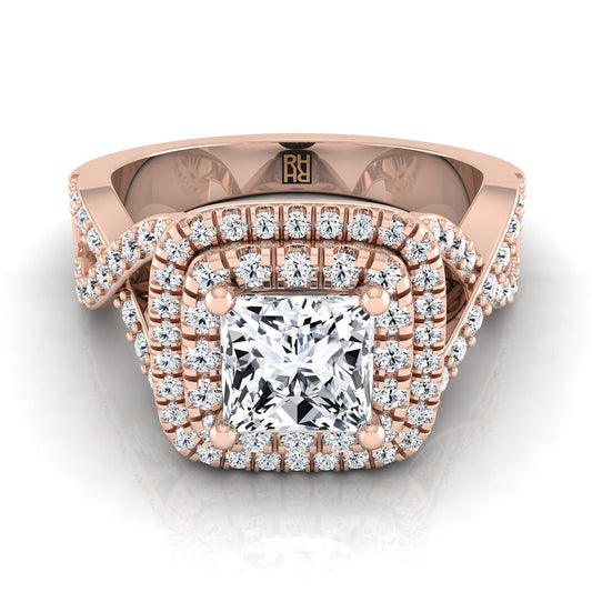 14K Rose Gold Princess Cut Diamond Twist French Pave Double Halo Diamond Engagement Ring -1/2ctw