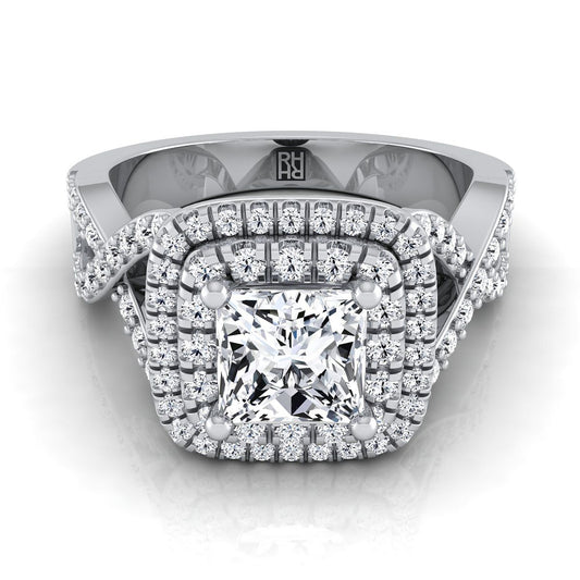 Platinum Princess Cut Diamond Twist French Pave Double Halo Diamond Engagement Ring -1/2ctw
